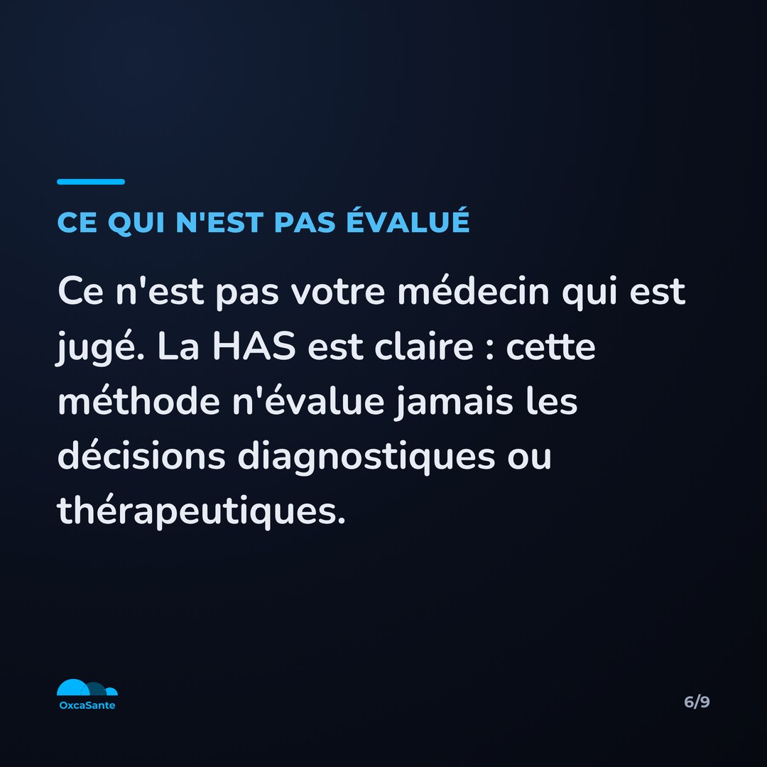 Slide 7 du carrousel : ce n'est pas votre médecin qui est jugé, la HAS écrit que cette méthode n'évalue jamais les décisions diagnostiques ou thérapeutiques