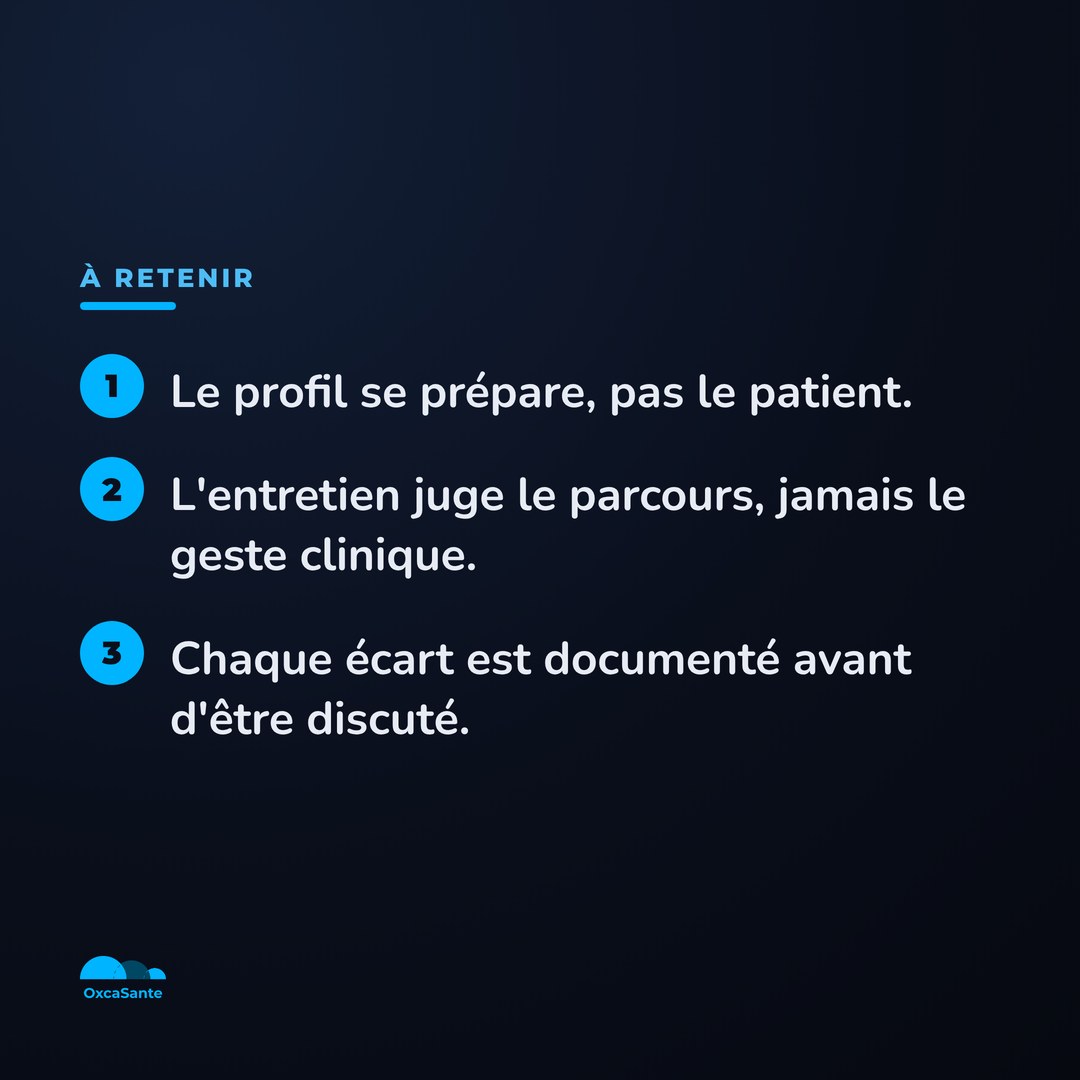 Slide 11 du carrousel : le profil se prépare, pas le patient ; l'entretien juge le parcours, jamais le geste clinique ; chaque écart est documenté avant d'être discuté
