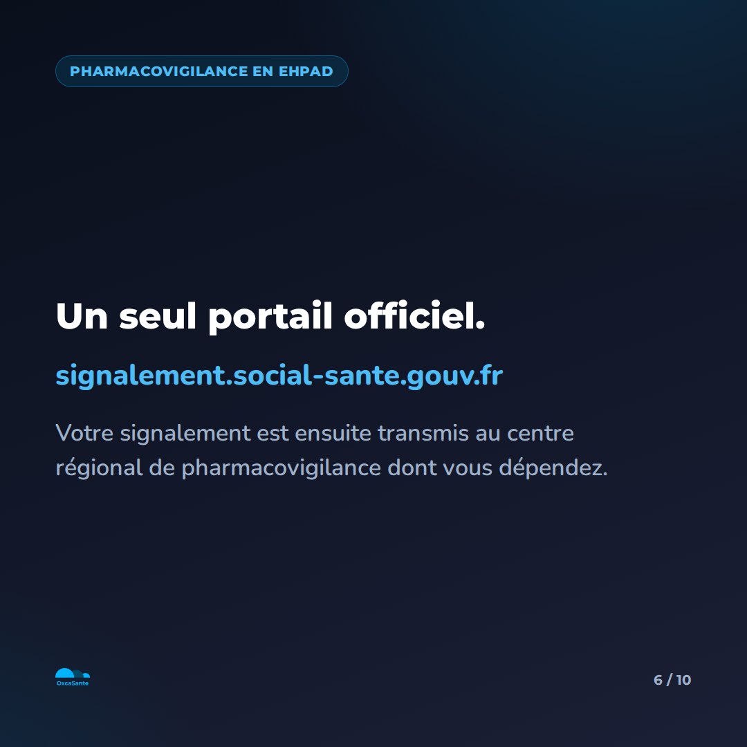 Slide 6 du carrousel : un seul portail officiel, signalement.social-sante.gouv.fr, transmission au centre régional de pharmacovigilance