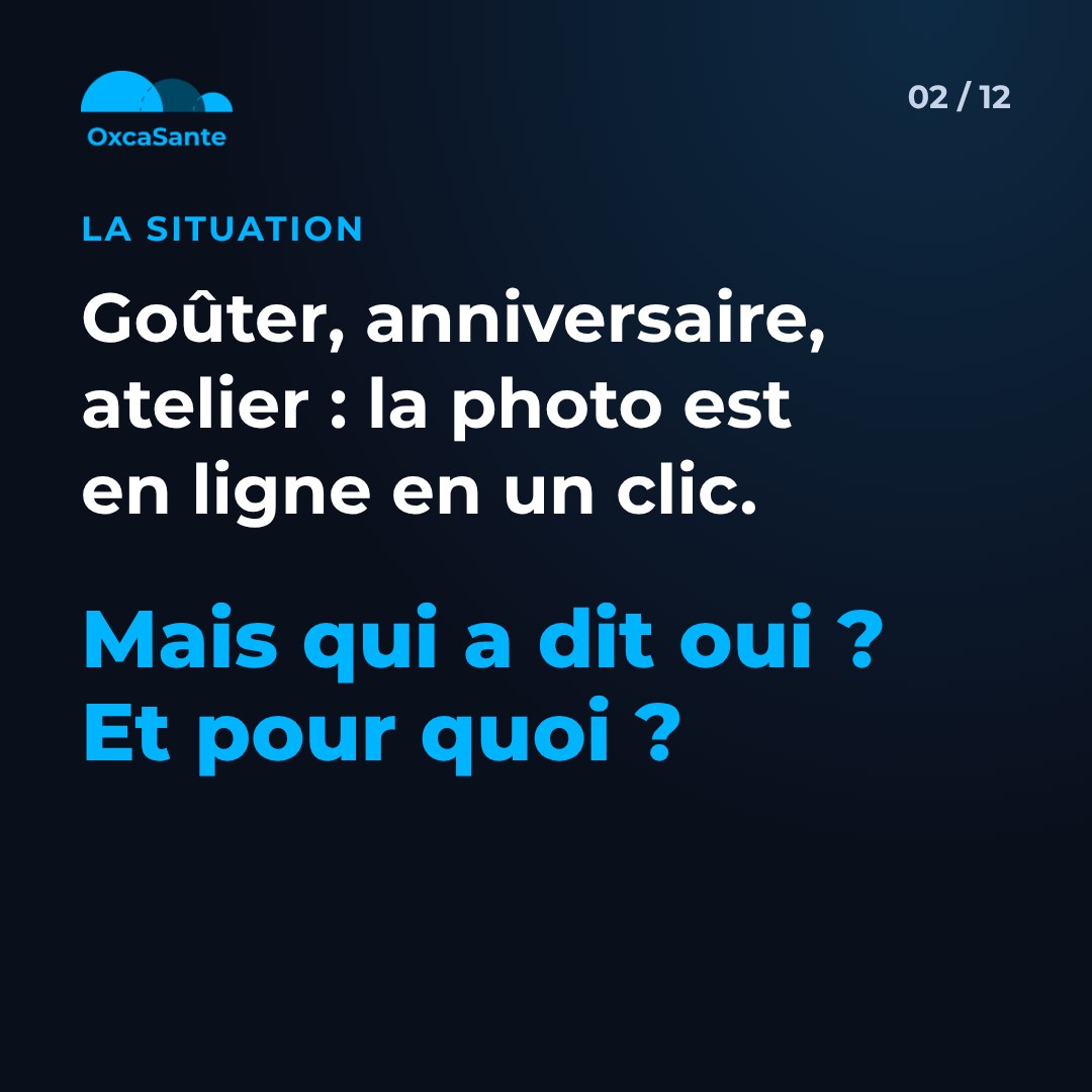 Slide 2 du carrousel : goûter, anniversaire, atelier, la photo est en ligne en un clic, mais qui a dit oui et pour quoi