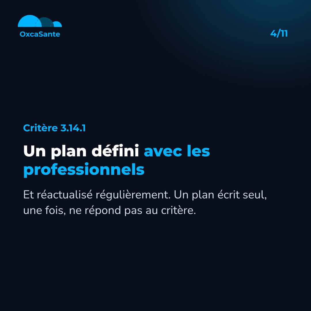 Slide 4 du carrousel : critère 3.14.1, un plan défini avec les professionnels et réactualisé régulièrement