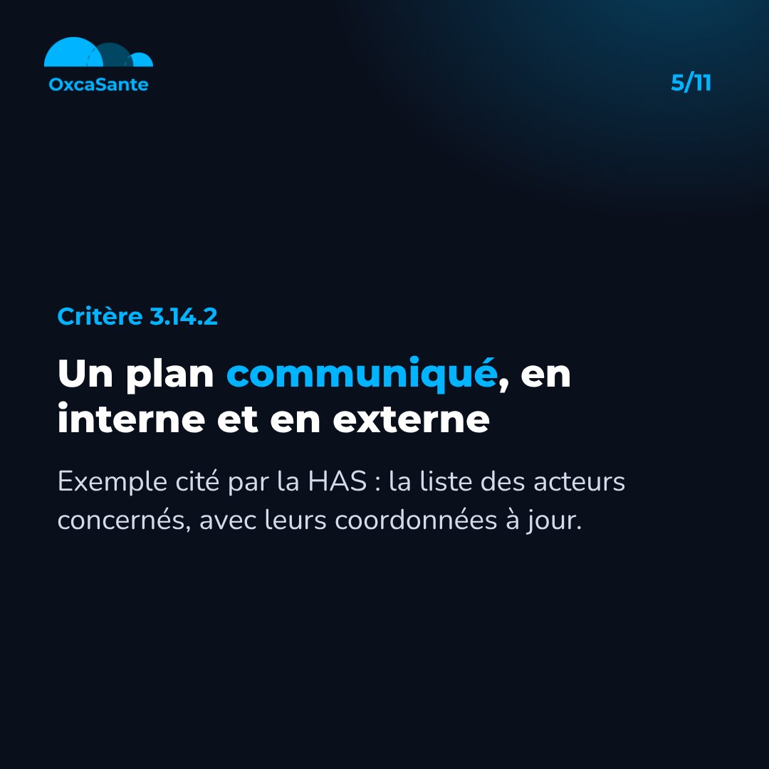 Slide 5 du carrousel : critère 3.14.2, un plan communiqué en interne et en externe, exemple de preuve : la liste des acteurs avec coordonnées à jour