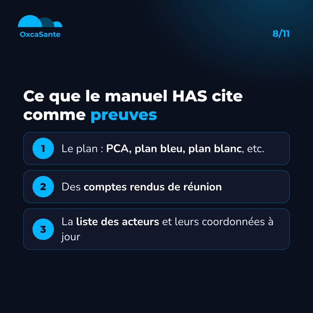 Slide 8 du carrousel : preuves citées par le manuel HAS, le plan (PCA, plan bleu, plan blanc), les comptes rendus de réunion, la liste des acteurs et leurs coordonnées à jour