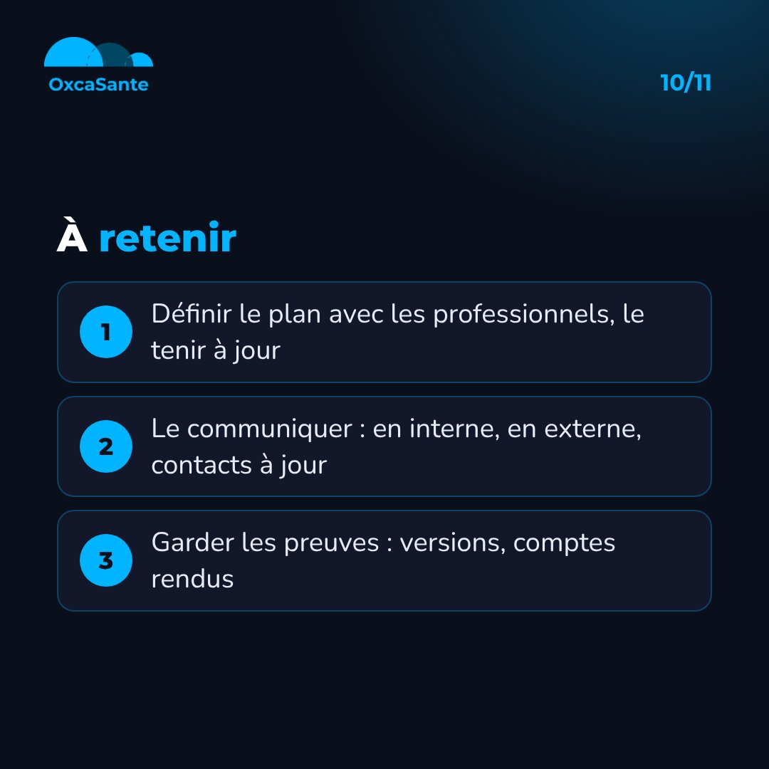 Slide 10 du carrousel : à retenir, définir le plan avec les professionnels, le communiquer, garder les preuves