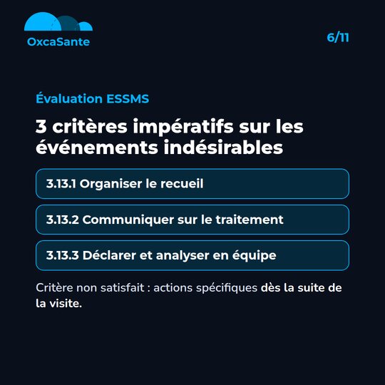 Slide 6 du carrousel : évaluation ESSMS, trois critères impératifs 3.13.1, 3.13.2 et 3.13.3 sur les événements indésirables
