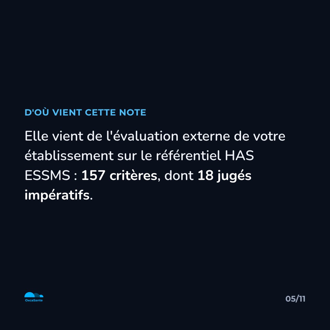 Slide 5 du carrousel : cette note vient de l'évaluation externe sur le référentiel HAS ESSMS, 157 critères dont 18 jugés impératifs