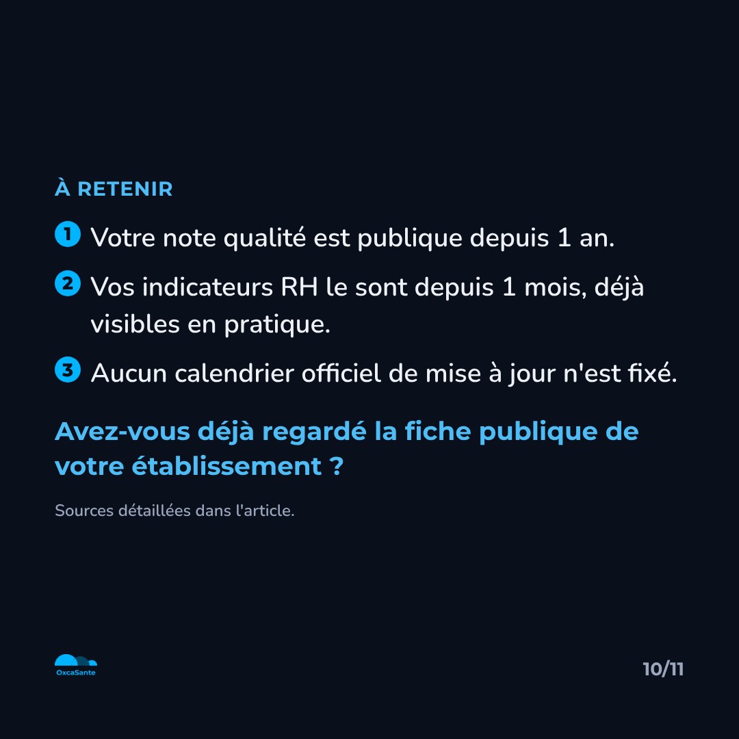 Slide 10 du carrousel : votre note qualité est publique depuis 1 an, vos indicateurs RH depuis 1 mois, aucun calendrier officiel n'est fixé