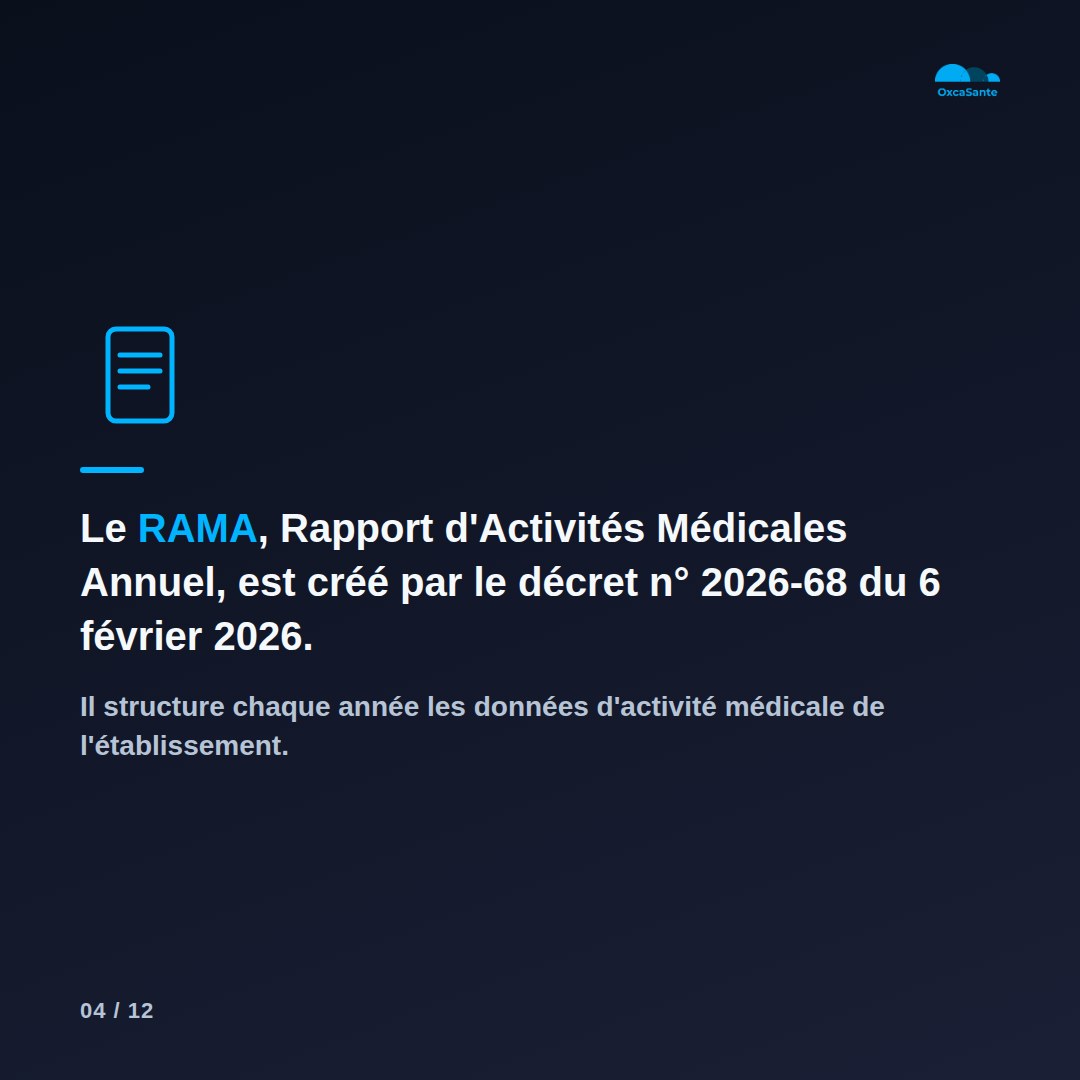 Slide 4 du carrousel : le RAMA, Rapport d'Activités Médicales Annuel, est créé par le décret n° 2026-68 du 6 février 2026