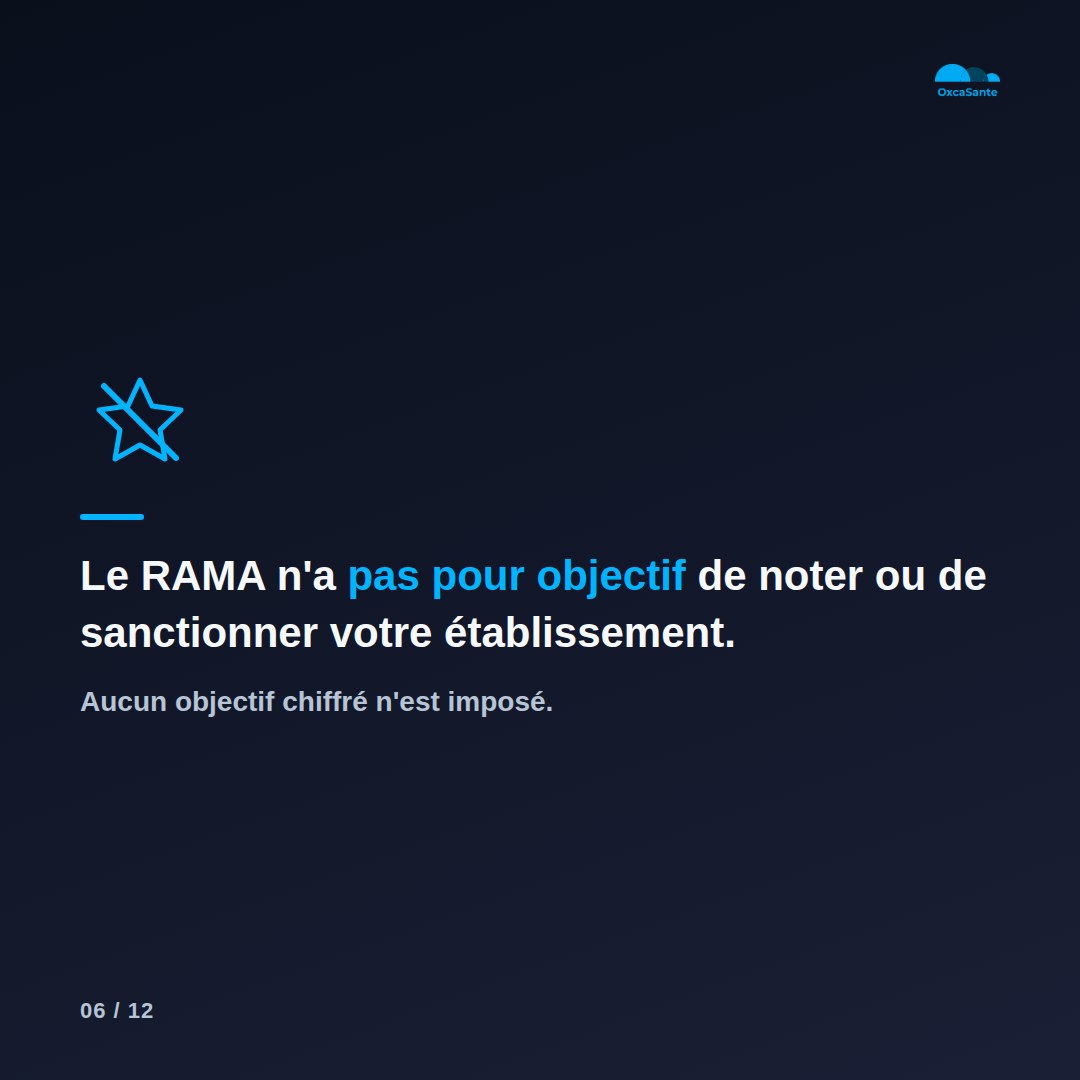 Slide 6 du carrousel : le RAMA n'a pas pour objectif de noter ou de sanctionner votre établissement, aucun objectif chiffré n'est imposé