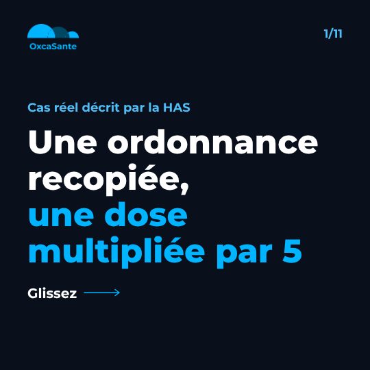 Slide 1 du carrousel : une ordonnance recopiée, une dose multipliée par 5, cas réel décrit par la HAS, sur fond bleu nuit avec le logo OxcaSanté