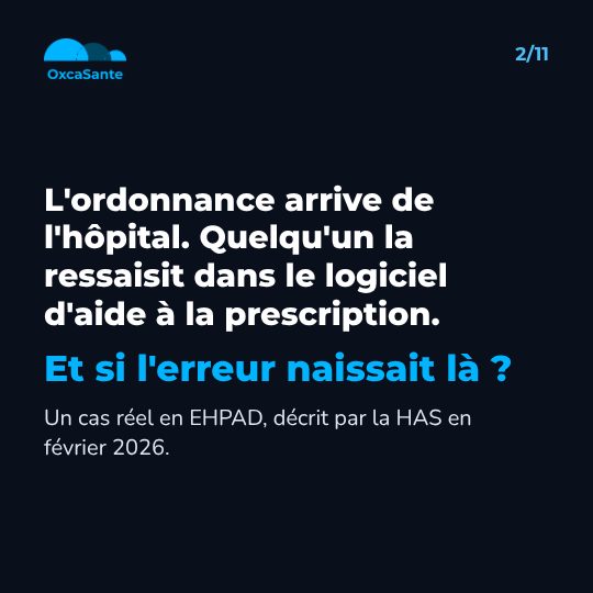 Slide 2 du carrousel : l'ordonnance arrive de l'hôpital, quelqu'un la ressaisit dans le logiciel d'aide à la prescription, et si l'erreur naissait là