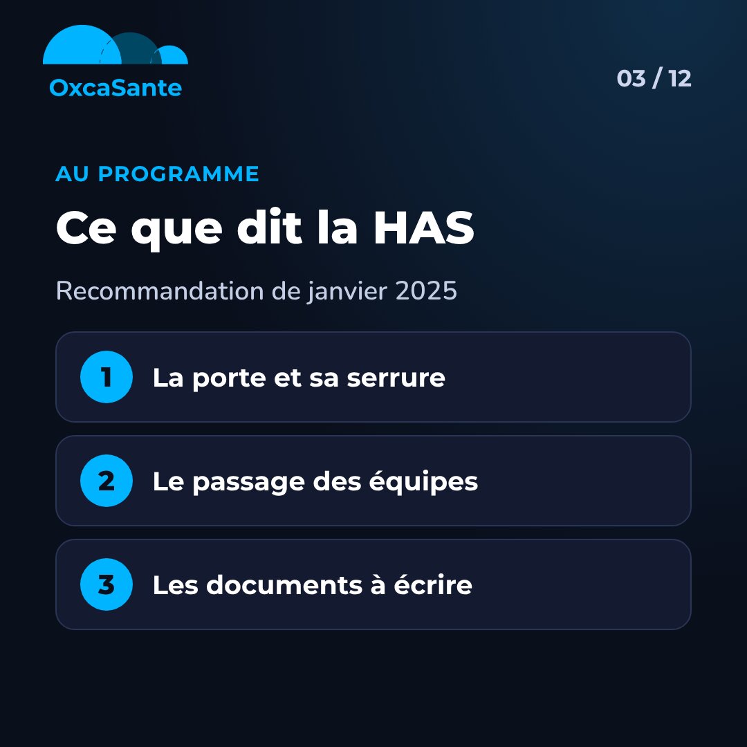 Slide 3 du carrousel : ce que dit la HAS, la porte et sa serrure, le passage des équipes, les documents à écrire