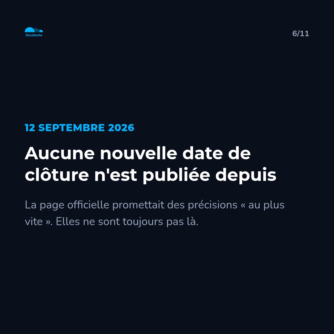 Slide 6 du carrousel : 12 septembre 2026, aucune nouvelle date de clôture n'est publiée depuis, la page officielle promettait des précisions au plus vite, elles ne sont toujours pas là