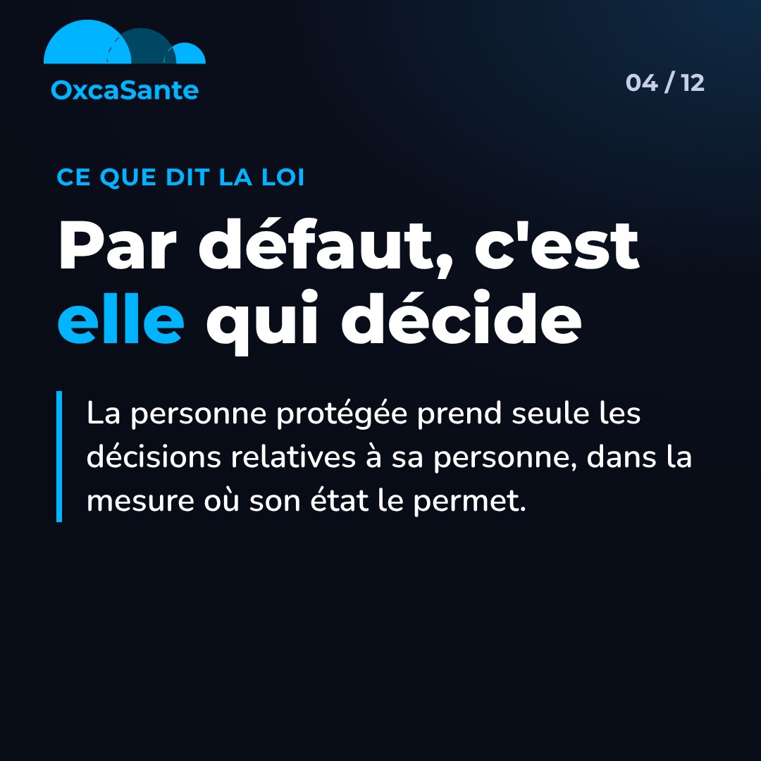 Slide 4 du carrousel : par défaut, c'est elle qui décide, la personne protégée prend seule les décisions relatives à sa personne dans la mesure où son état le permet