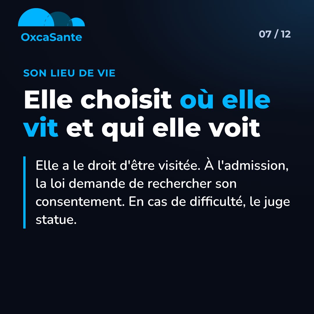 Slide 7 du carrousel : elle choisit où elle vit et qui elle voit, droit d'être visitée, consentement recherché à l'admission, le juge statue en cas de difficulté