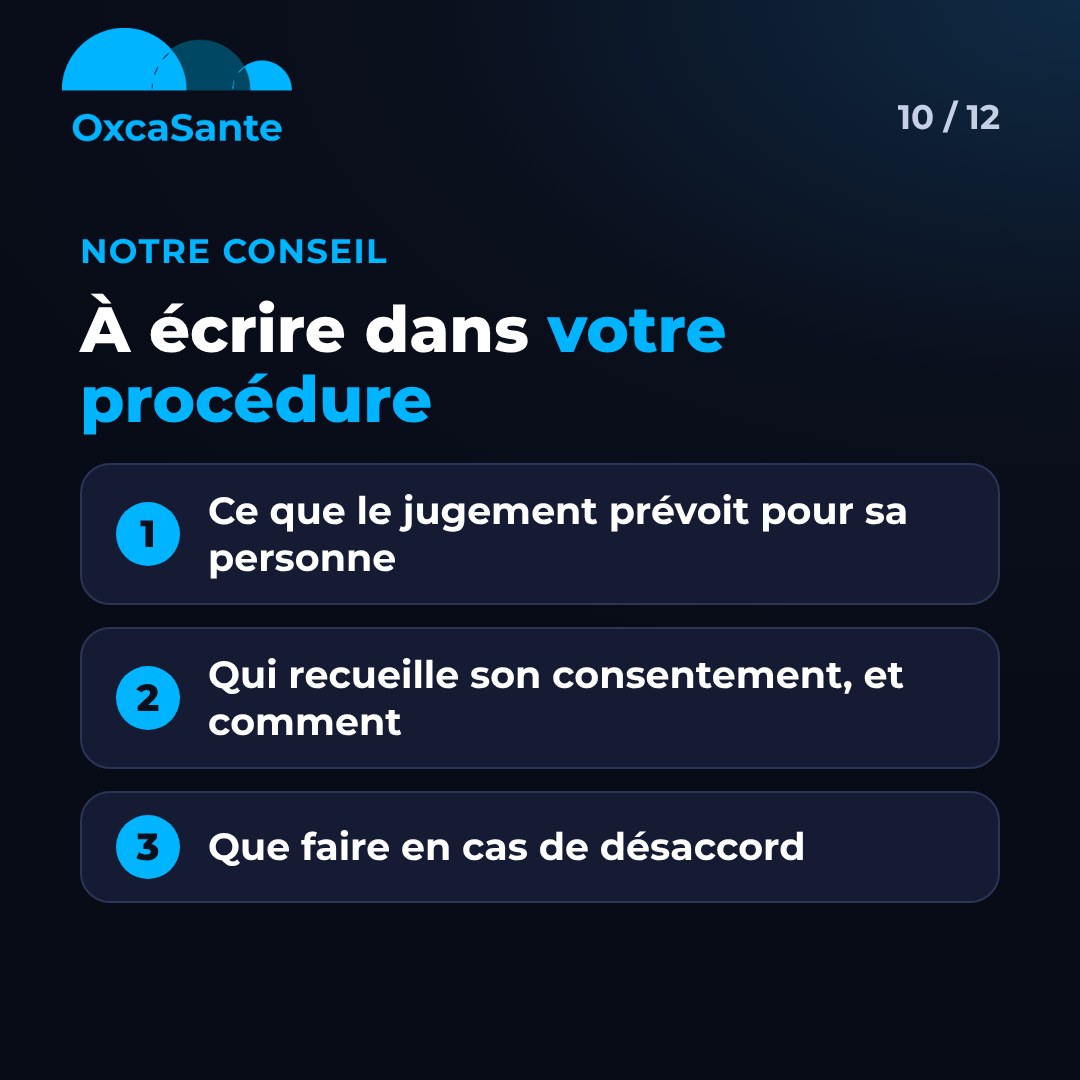 Slide 10 du carrousel : notre conseil, à écrire dans votre procédure, ce que le jugement prévoit pour sa personne, qui recueille son consentement et comment, que faire en cas de désaccord