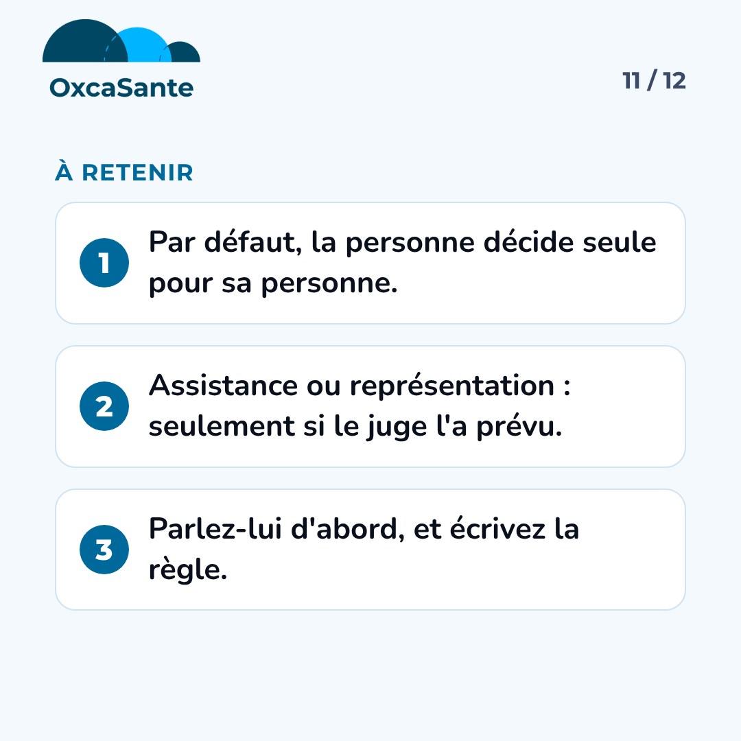 Slide 11 du carrousel : à retenir, par défaut la personne décide seule pour sa personne, assistance ou représentation seulement si le juge l'a prévu, parlez-lui d'abord et écrivez la règle