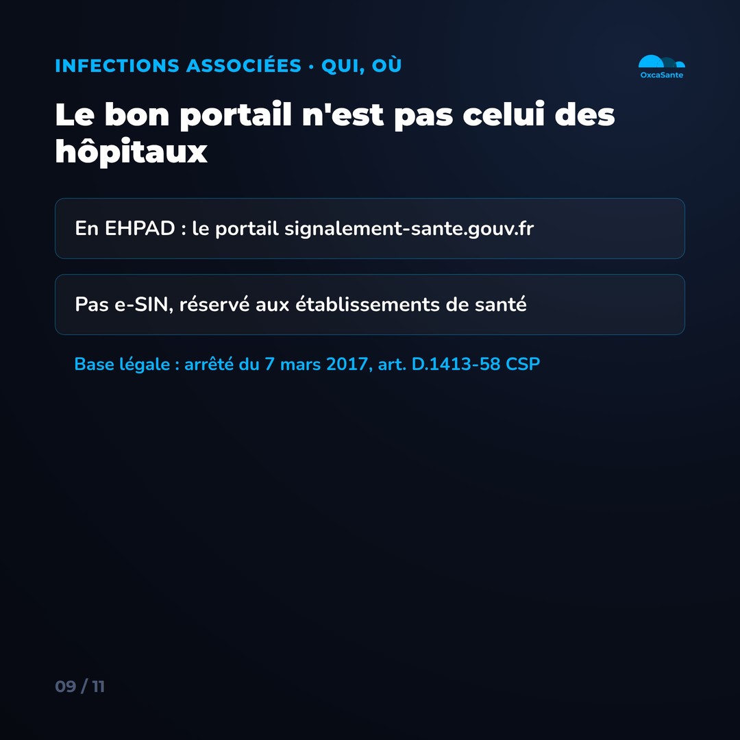 Slide 9 du carrousel : en EHPAD, la déclaration se fait sur signalement-sante.gouv.fr, pas sur e-SIN