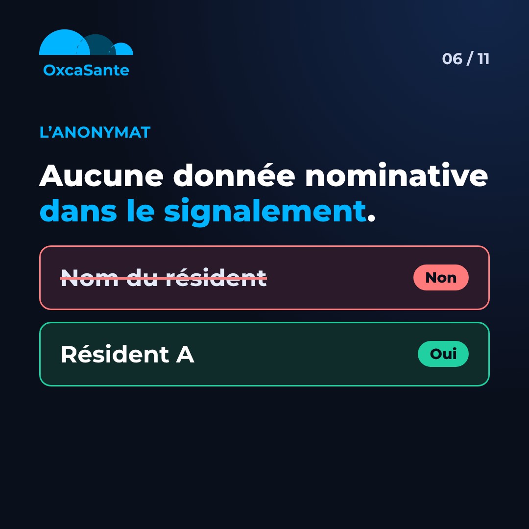 Slide 6 du carrousel&nbsp;: aucune donnée nominative dans le signalement, on écrit résident A et non le nom du résident