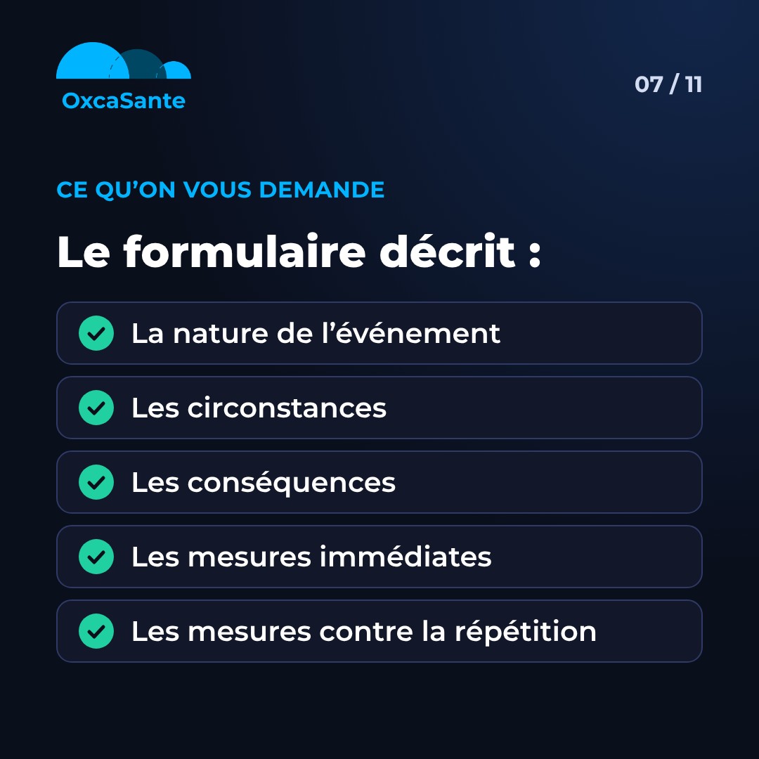 Slide 7 du carrousel&nbsp;: le formulaire décrit la nature de l'événement, les circonstances, les conséquences, les mesures immédiates et les mesures contre la répétition