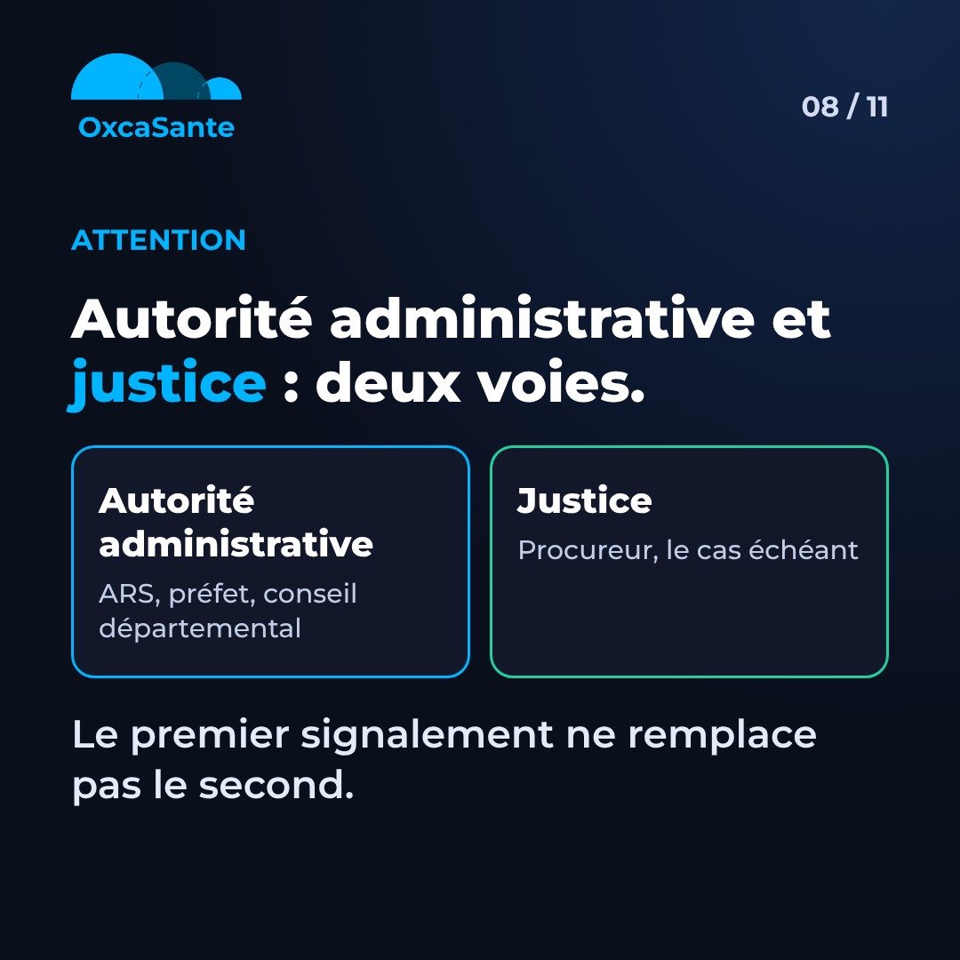Slide 8 du carrousel&nbsp;: autorité administrative et justice, deux voies, le premier signalement ne remplace pas le second
