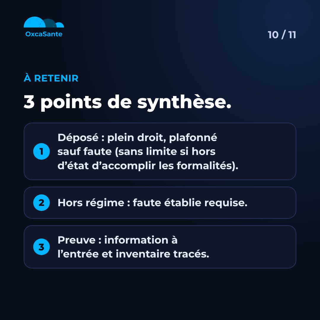 Slide 10 du carrousel&nbsp;: à retenir, déposé plein droit plafonné sauf faute, hors régime faute établie requise, preuve information et inventaire tracés