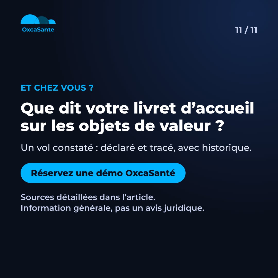 Slide 11 du carrousel&nbsp;: que dit votre livret d'accueil sur les objets de valeur, réserver une démo OxcaSanté